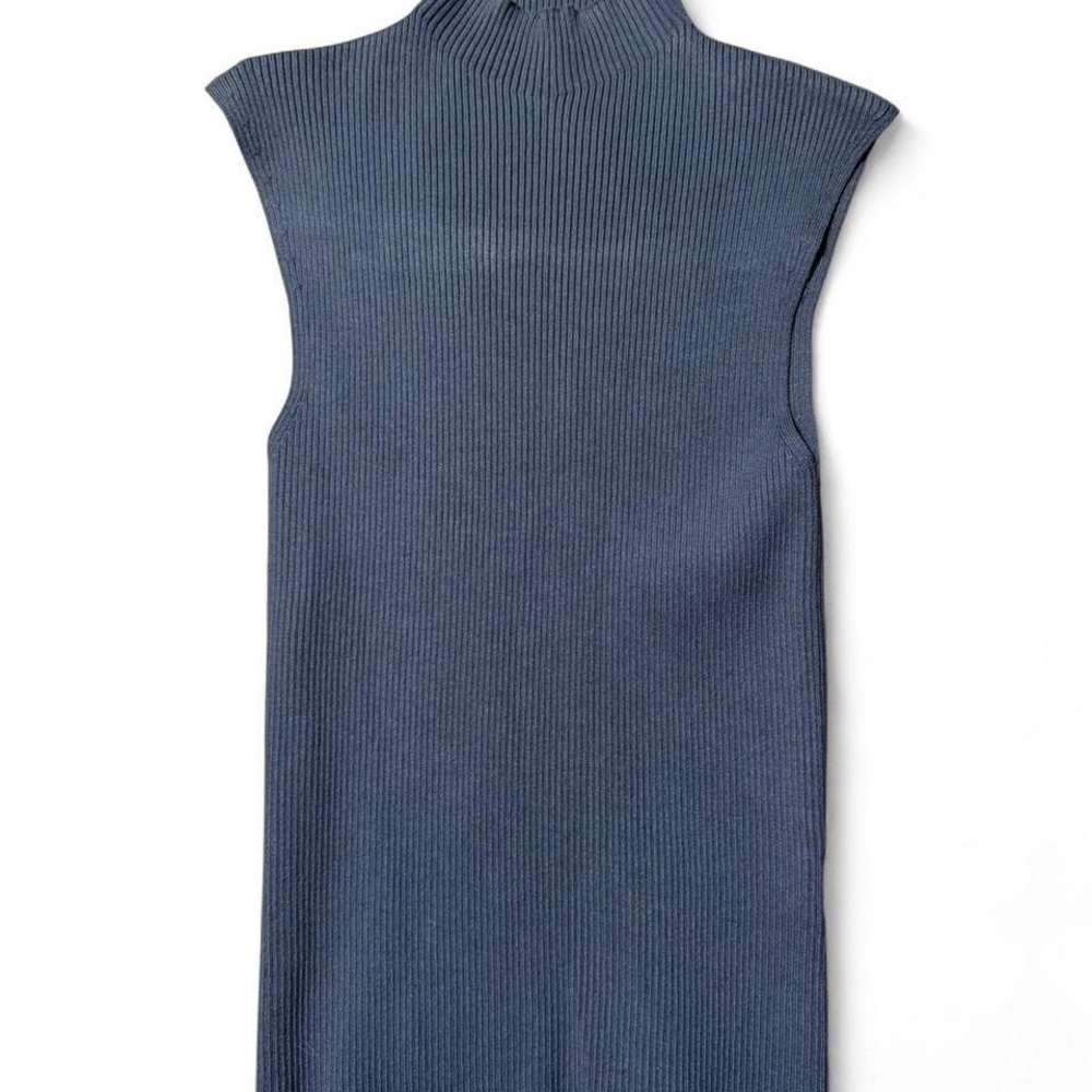 Suzy Shier Ribbed Sleeveless Mock Neck Tank - Slate Blue